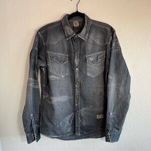 PRPS Charcoal Black Pearl Snap Mens Denim Shirt, Railroad Stripe, Large